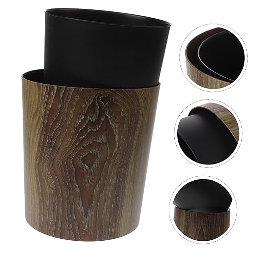 Vintage Wood Grain Trash Can Compact Round Wastebasket for Bathroom Kitchen Living Space Saving Home Garbage Container with Large Capacity and Multifunctional Use