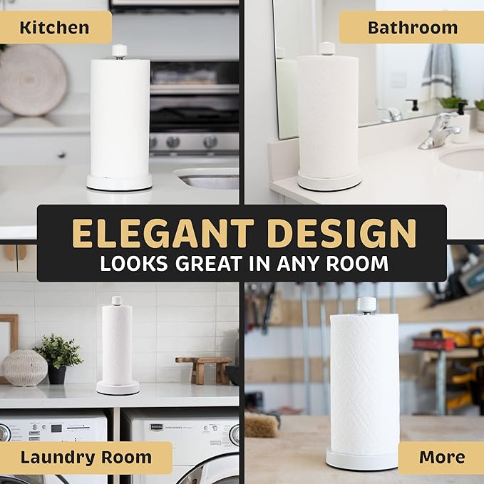 Heavy-Duty Stainless Steel Paper Towel Holder - Easy One-Handed Tear with Suction Cups - Modern Weighted Standing Countertop Dispenser for Kitchen - Holds All Paper Towel Rolls White