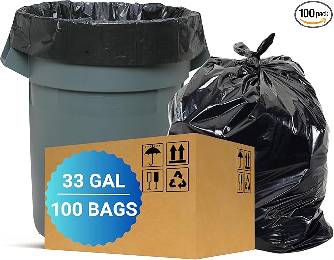 30–35 Gallon Heavy Duty Trash Bags – 100 Count Large Black Garbage Bags 33 x 39 Inch 1.5 Mil Thick Can Liners for Home Kitchen Commercial Lawn and Leaf Cleanup