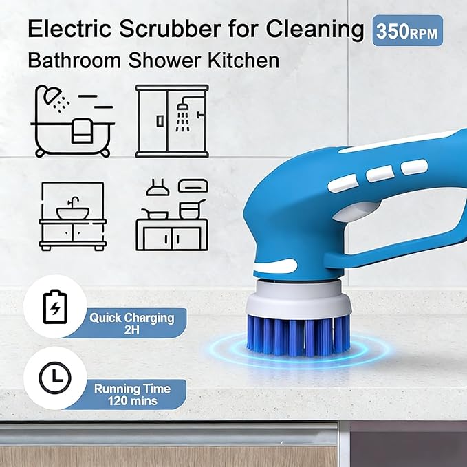 RICHOOSE Cordless Electric Spin Scrubber with 6 Brush Heads &amp 2 Rechargeable Batteries Power Scrubber for Shower Tile Grout Tub Bathroom Cleaning IPX7 Waterproof Handheld Scrubber