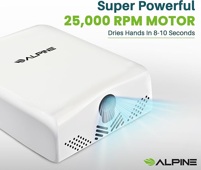 Alpine Commercial Hand Dryer with HEPA Filter 8 Seconds Extreme Speed Electric Hand Dryer for Home Bathroom/Restaurant with Heat &amp Speed Control - ADA Compliant (120V White)