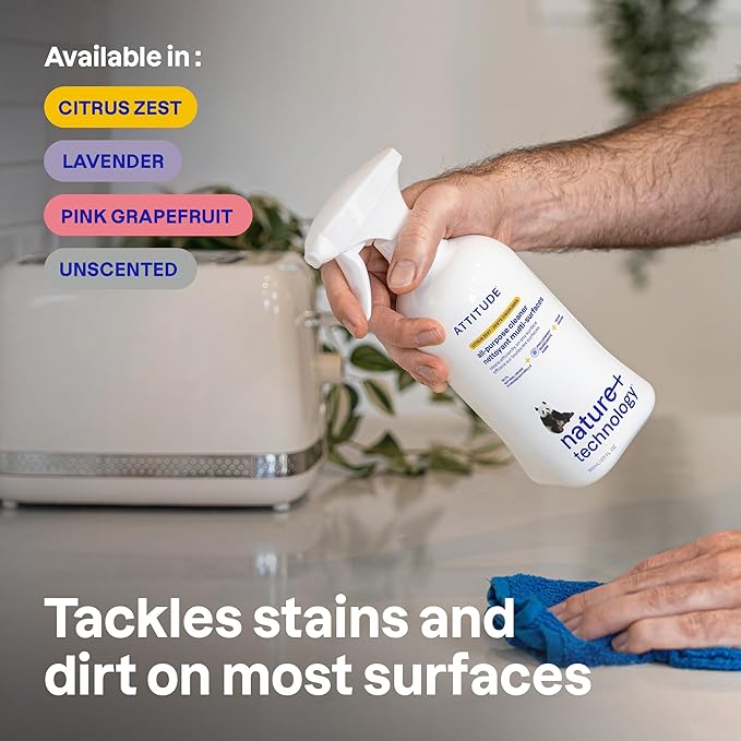 Bundle of ATTITUDE Multipurpose Spray Cleaner Efficient Multi-Surface Plant &amp Mineral-based Formula Vegan and Cruelty-Free Citrus Zest 27.1 Fl Oz + Bulk Refill 67.6 Fl Oz