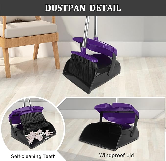 Broom and Dustpan Set 51 Long Handle Broom with Dustpan Combo Set Windproof and Self-Cleaning Teeth Purple Household Dust Pan Set Sweep Kitchen Office Lobby Pet Room