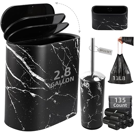 Small Bathroom Trash Can with Lid Press Top 2.8 Gallon Black Slim Plastic Garbage Can with Pop-Up Lid Mini Desktop Trash Can Toilet Brush Holder and 135 Count Various Size Trash Bags