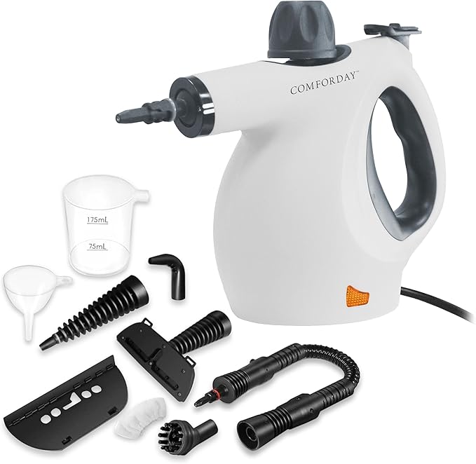 Comforday Multi-Purpose Steam Cleaner with 9-Piece Accessories Pressurized Handheld Steam Cleaner Perfect for Stain Removal Curtains Car Seats Floor Bathroom (White)