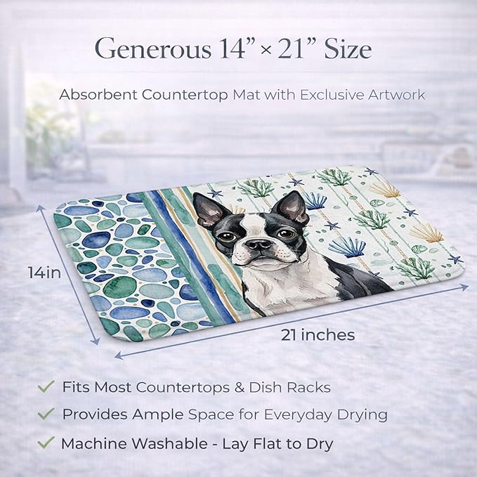Caroline's Treasures Boston Terrier Coastal Sea Glass Dish Drying Mat Absorbent Dish Drying Mat Pad for Kitchen Counter Dish Drainer Mat for Countertop 14 x 21 Multicolor