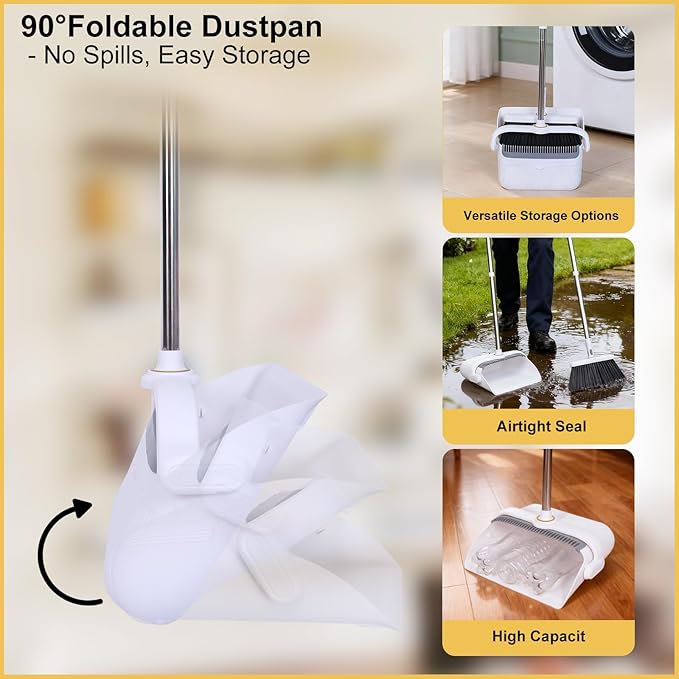 Heavy Duty Broom and Standing Dustpan Combo Set Rotatable Head Dust Pan and Brush Set with Collapsible Handle Cleaning Teeth Hanging Loop Ideal for Pets RV Kitchen Camping Outdoor Floor White