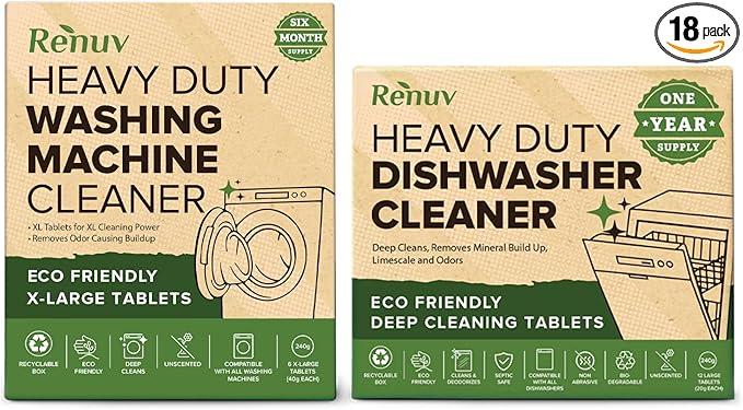 Renuv® Dishwasher Cleaner + Washing Machine Cleaner Bundle - Heavy Duty Appliance Deep Cleaning Descaling and Deodorizing.