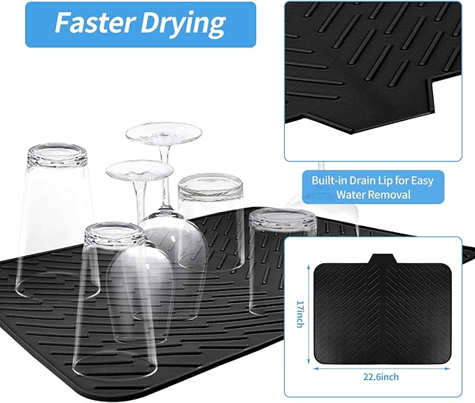 Silicone Dish Drying Mat with Built-in Drain Lip Dish Drying Mats for Kitchen Counter Hygienic Ultra Absorbent Dish Drying Pad Sturdy Compact Easy to Clean Tray Prevents Water Build Up (Black)