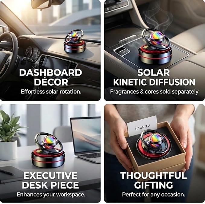 Solar Dashboard Spinner Sun Powered Kinetic Car Decoration Diffuser Space Theme Automotive Accessories Spring Birthday Gift Exchange Fragrance &amp Aroma Cores Sold Separately (Solarium Silver)