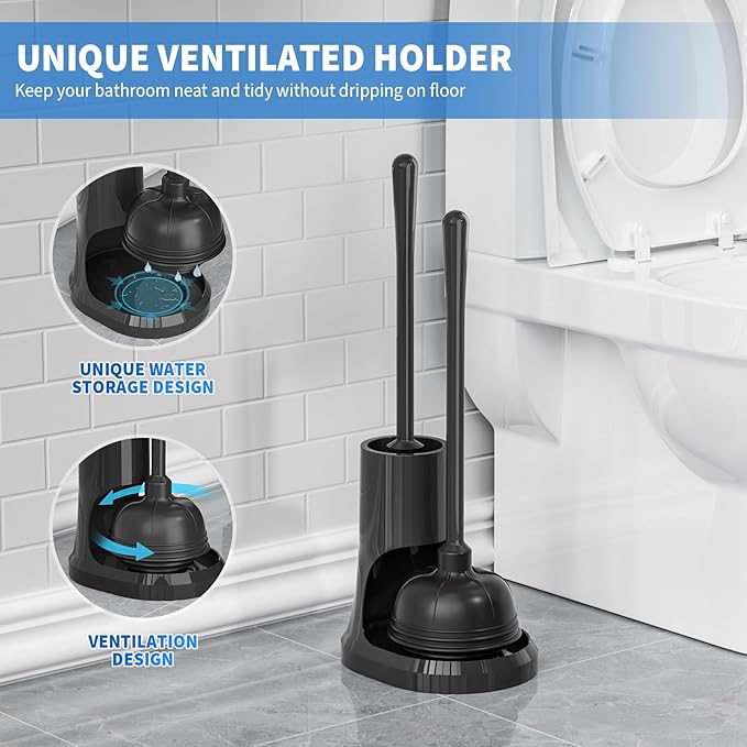 uptronic Toilet Plunger and Brush2 Pack Bowl Brush and Heavy Duty Toilet Plunger Set with Holder 2-in-1 Bathroom Cleaning Combo with Modern Caddy Stand for 5.7-inch Toilet Drain Bathroom Cleaning