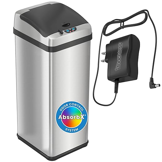 iTouchless 13 Gallon Sensor Kitchen Trash Can with Lid and AC Adapter Odor Filter Platinum Limited Edition Garbage Bin Trashcan for Home Office Office Bedroom Living Room Garage Slim Waste Basket