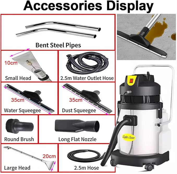 Stainless Steel Commercial Carpet Cleaner 3-in-1 Extractor Machine for Spraying Washing &amp Vacuuming Includes 6 Cleaning Attachments for Carpets Upholstery Auto Detailing (IPX4) 30L