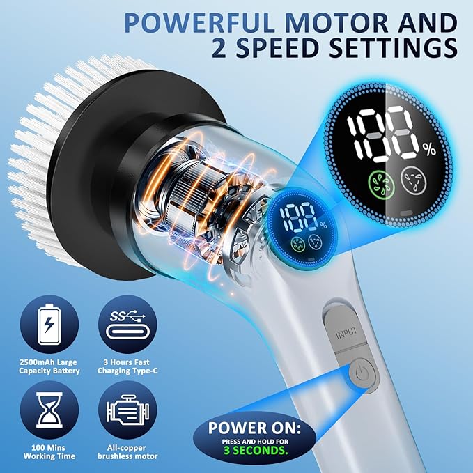 Electric Spin Scrubber Upgraded Battery with Extra-Long Runtime IPX7 Waterproof Power Cleaner with 7 Brush Heads 2 Speeds Adjustable Long Handle for Bathroom Floor Shower Tile &amp Kitchen Clean