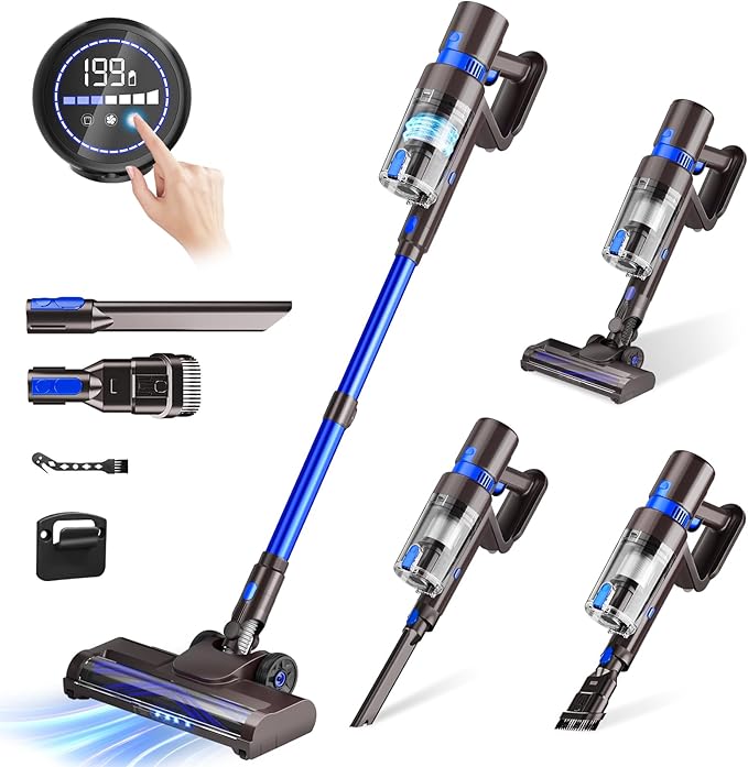 Cordless Vacuum Cleaner 550W 45KPA 50Min Vacuum Cleaners for Home Self-Standing Stick Vacuum with Touch Screen 3 Power Modes Rechargeable Battery Handheld Vacuum for Pet Hair/Carpet/Floor