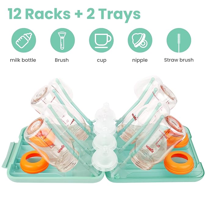 Rrwin Bottle Brush Cleaner Kit with Baby Bottle Drying Rack Exendable Silicone Bottle Brush Nipple Brush Straw Brush Soap Dispenser &amp Storage Box. Compact Size for Babies and MomsGreen