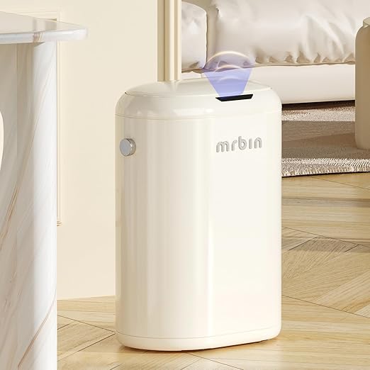 MRBIN Automatic Adsorption Metal Trash Can for Bathroom Touchless Garbage Bin with Lid 4.8 Gallon Slim Trash Can for Office and Bedroom Kitchen Electric Motion Sensor Waste Basket Cream White