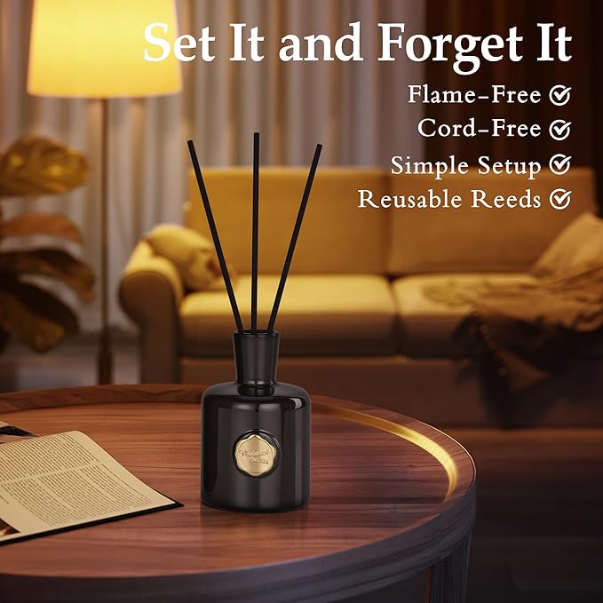XEPTLE Amber Reed Diffuser for Home Air Freshener Woody Scent Diffuser with 5 Reeds for Bedroom Living Room Bathroom Décor Orange Plum Rose with Honey Amber Vanilla &amp Sandalwood 7.04oz Black
