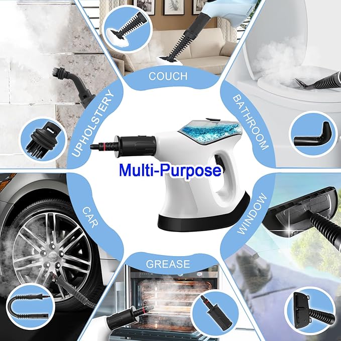Handheld Steam Cleaner for Home 10S Immediate Heat Hand Held Steam Cleaner with Visualized Large Water Tank &amp 9 PCS Accessories &amp Safety Lock for KitchenCouchFloorWindowCar (WHITE+BLACK