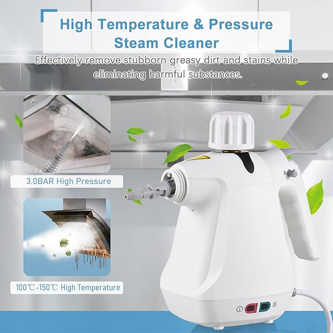 Portable Cleaning Steam Machine 1000W Handheld Steam Cleaner with Non-Slip Handle 3 Bar Steam Pressure and Adjustable Temperature Large Capacity Water Tank and Replaceable Spray Head for Home