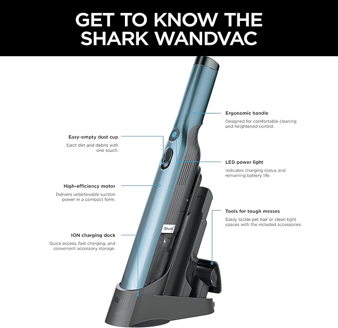 Shark WV201BLBRN WANDVAC Cordless Hand Vac Lightweight and Portable at 1.4 lbs. with Powerful Suction Charging Dock One-Touch Empty for Car &amp Home Cove Blue