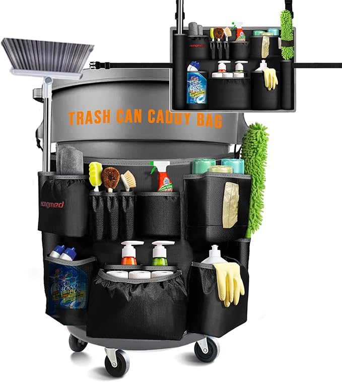 Trash Can Caddy Bag for 32-55 Gallon Garbage Bin Hongmed Caddy for Commercial Cleaning Supplies Multi-Pocket Utility Apron with Adjustable Straps Heavy-Duty Nylon Organizer for Janitorial Duties