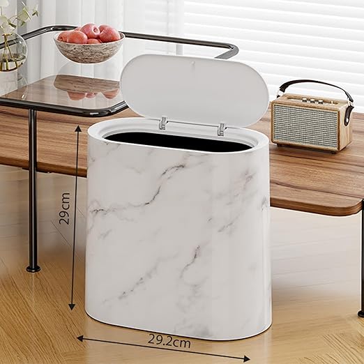 Waste Basket for Bathroom with Lids Plastic Marble Wood Pattern Trash Can Small Garbage Bin with Lid for Bathroom Narrow Waste Basket Modern Waste Basket for Home (White-11.6 * 11.2'')