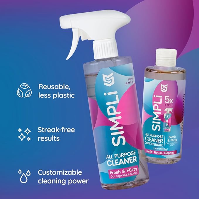 SIMPLi All Purpose Cleaner Starter Kit – Multipurpose Cleaner Concentrate Refill 8.45 fl oz Makes 85 fl oz + Reusable Spray Bottle 17 fl oz – Surface Cleaner for Kitchen Bathroom Glass Floor
