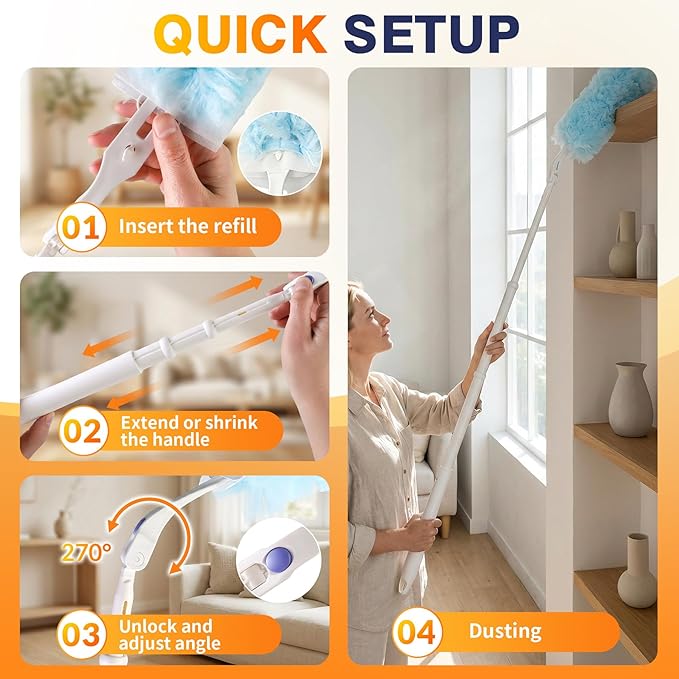 Duster Refills for Swiffer Dusters Multisurface 360 Dusters with 3ft Extendable Handle and 1 Short Handle Disposable Duster Kit for Dusting Furniture Blinds Fans Walls (30 Count)
