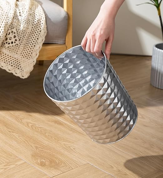 Small Round Metal Trash Can Wastebasket Decorative Diamond Pattern Garbage Can Waste Paper Bin Modern Farmhouse Round Trash Bin for Bathroom Bedroom Kitchen and Office (Silver)