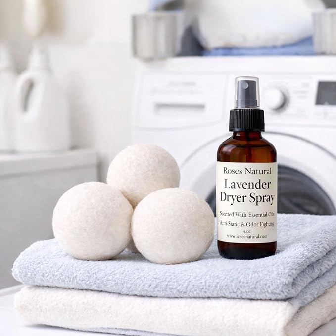 Wool Dryer Balls &amp Dryer Spray Bundle – 3 Reusable Dryer Balls + Plant-Based Essential Oil Dryer Spray Natural Fabric Freshener Anti-Static &amp Odor Fighting (Lavender)