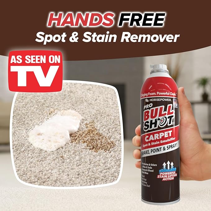 Horsepower Bull Shot Carpet Spot &amp Stain Remover AS SEEN ON TV Made In USA Just Point &amp Spray Stain-Lifting Foam-Action Pet Stains &amp Odors Coffee Soda Wine Grease New &amp Old S