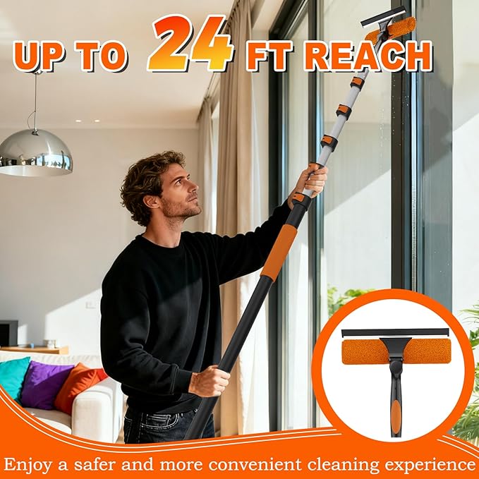 30FT Reach 2-in-1 Window Squeegee Professional Window Washing Kit with 5-24FT Extension Pole for Home Indoor Outdoor Squeegee with Rotatable Head for High Windows