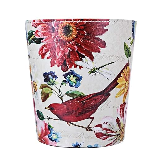 Leather Trash Can Retro Decorative Waste Basket 10L Capacity Small Waste Paper Basket Waterproof Garbage Can for Bathroom Bedroom Office Kitchen and Living Room - Red Bird