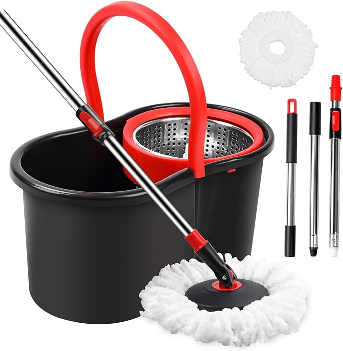 Spin Mop and Bucket Mop and Bucket with Wringer Set for Home 360 Spinning Mop Bucket Floor Cleaning Tool with One Microfiber Mop Replacement Head Refills50 Extended Handle for Floor Cleaning Home