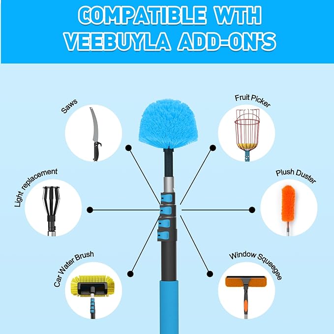 26FT Reach Cobweb Duster with Extension Pole - Spider Web Brush for Cleaning with 5-20FT 4-Section Flip-Lock Telescopic Pole Effortlessly Cleans High Indoor &amp Outdoor Webs