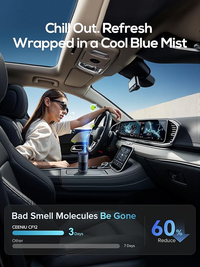 Ceeniu Smart Car Air Freshener Enlarged Spray Nozzle Advanced Ultrasonic Diffuser CF12 Pro Auto On/Off Adjustable Mode 60-Day Powerful Battery Ambient Light Luxury Cologne Scent Lasts 4 Months