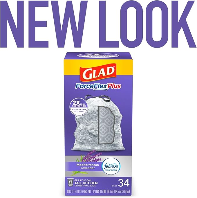 Glad Trash Bags ForceFlexPlus Tall Garbage Drawstring Garbage Bags - 13 Gallon Grey Trash Bag Lavender with Febreze Freshness 34 Count (Package May Vary)