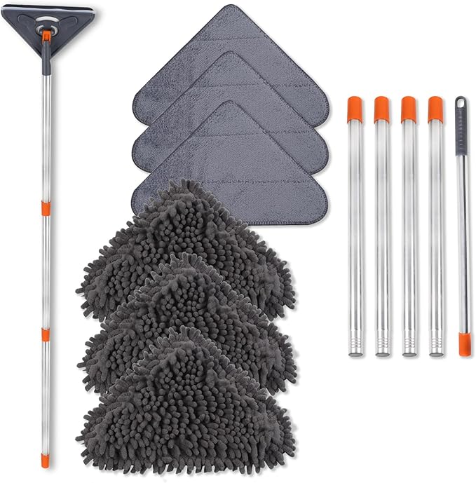 Wall Cleaner Mop with 79 Inches Long Handle 360° Wall Washer Cleaner Tool for Walls/Ceiling Fans/Dust/Baseboard/Floors Clean Ceiling Cleaner Tool Duster with Squeegee 6 Replacement Pads