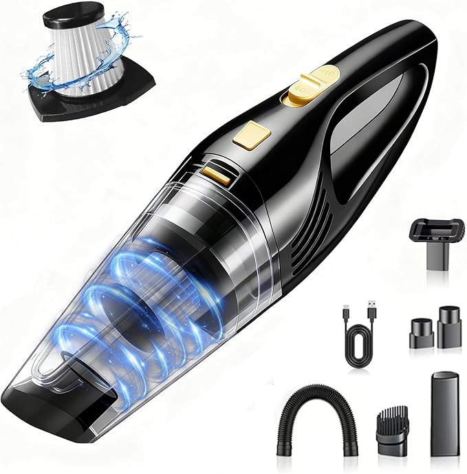 Car Vacuum Portable Cordless – 9000PA Strong Suction Lightweight &amp Rechargeable – Includes Multi-Nozzle Attachments for Car Home Office and Pet Hair – Compact &amp Powerful Black Gold Vacuum
