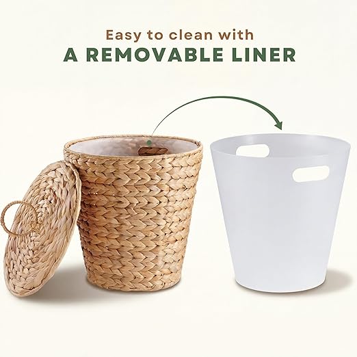 3 Gallon Wicker Trash Can with Liner and Lid - Rattan Trash Can - Wicker Waste Basket for Bathroom Bedroom Kitchen Living Room