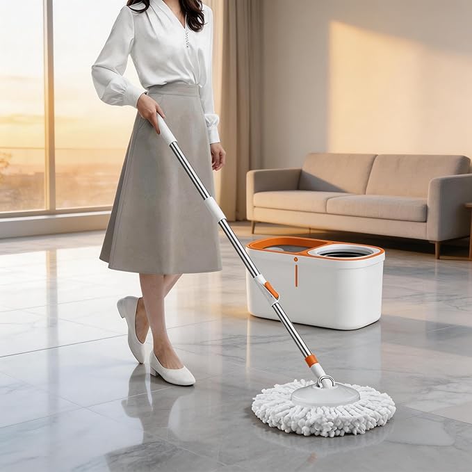 Spin Mop Bucket with Wringer System Extended Mop Handle 61Mop and Bucket for Floors Cleaning with 5 Replacement Head Refill 1 Cleaning Brush Head
