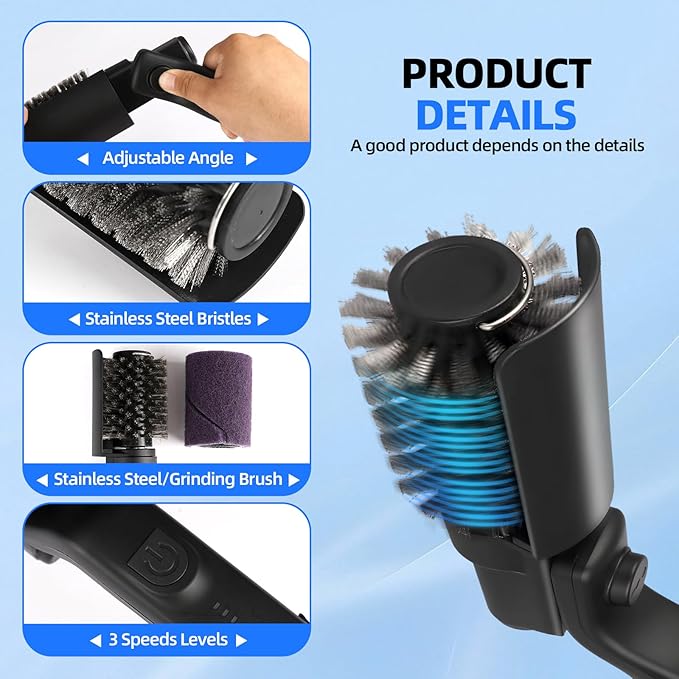 Cordless Electric Grill Brush with Adjustable Angle 3-Speed Power Motor &amp Stainless Steel Head - Rechargeable 90-Min Runtime Waterproof Grill Cleaner for BBQ Grates &amp Griddles (Black)