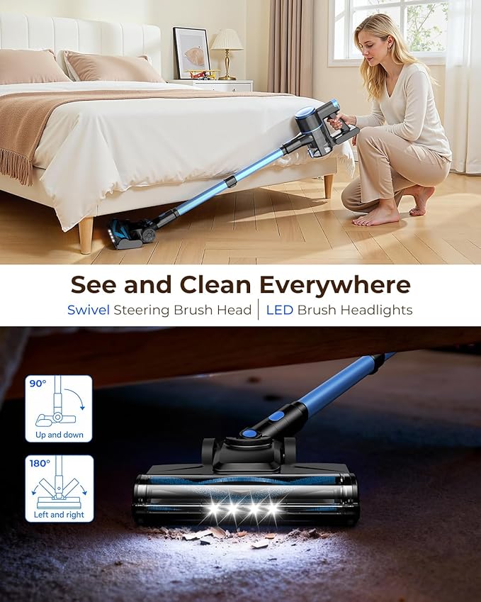 N8 Cordless Vacuum CleanerLightweight Stick Vacuum with Powerful Suction2200mAh Battery40 Mins RuntimeSelf-StandingRechargeable Vacuum Cleaners for Home Hardwood Floor Carpet Pet Hair (Blue)