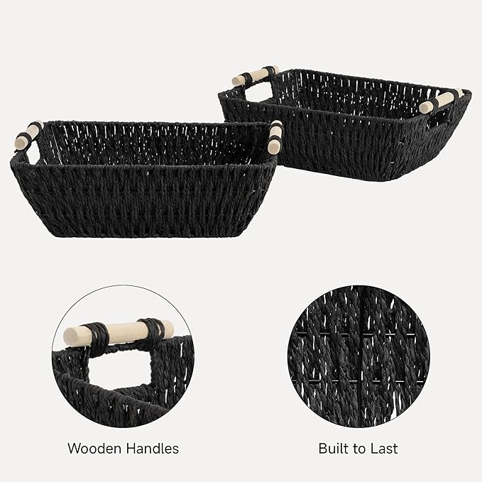 StorageWorks Large Wicker Storage Basket for Organizing with Wooden Handles Toilet Paper Baskets for Shelf Black 2-Pack