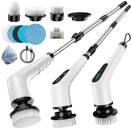 Electric Spin Scrubber Cordless Cleaning Brush with 8 Replaceable Brush Heads Shower Scrubber with Adjustable Extension Handle Waterproof Power Scrubber for Bathroom Tile Floor Tub Car Walls