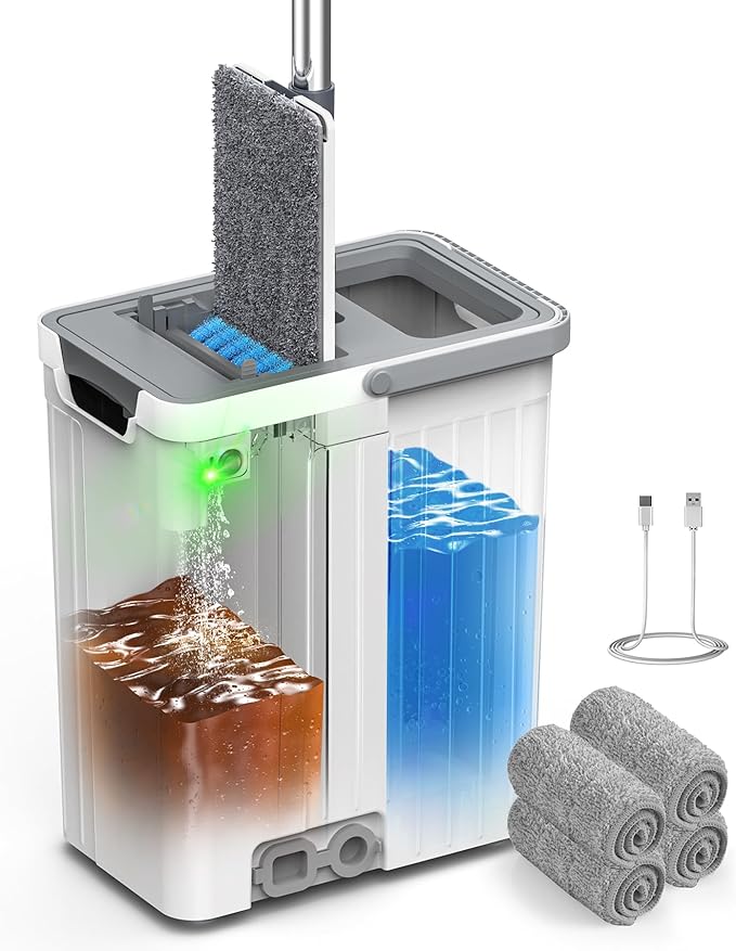 Mop and Bucket Set with AUTO Pump 3-Zone Separate Dirty and Clean Water Flat Mop and Bucket System with Wringer and Wheels 3 Reusable Microfiber Pads One-Touch Water Filling for Home Cleaning