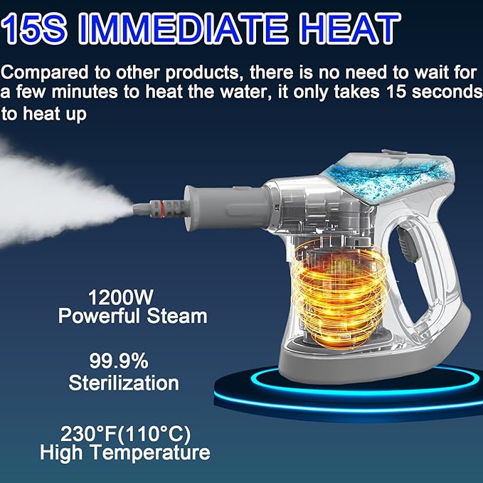 Handheld Steam Cleaner for Home 10S Immediate Heat Hand Held Steam Cleaner with Visualized Large Water Tank &amp 9 PCS Accessories &amp Safety Lock for KitchenCouchFloorWindowCar (WHITE+GREY)