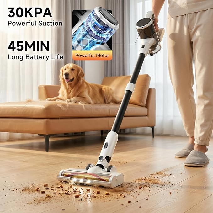 Cordless Vacuum Cleaner for Home - Lightweight Stick Vacuum Clean with Rechargeable Battery Max 45Mins Runtime 8 in 1 Handheld Vacuum for Hardfloor &amp Carpets Pet Hair White&ampYellow