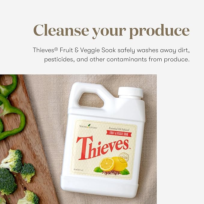 Young Living Thieves Fruit &amp Veggie Soak 16 fl oz | Natural Home Care Cleanser | Gently Cleansing | Plant-Based | Infused with Water Decyl Glucoside Citric Acid &amp Sodium Citrate